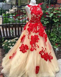 Amazing Red Flowers Champagne Tulle Prom Evening Dress Formal Gowns Ball Gown Sheer Neck Sleeveless Ruched Cheap party pageant dre6507897