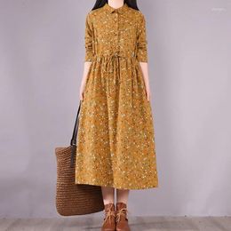 Casual Dresses 2024 Long Sleeve Autumn Dress Print Floral Draw String Slim Vintage Office Work Blouse Women Spring H18