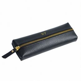 mogrammed Letters Genuine Pebble Leather Zipper Pen Case Pencil Bag Large Capacity Leather Handmade Creative School Statiary X4LP#