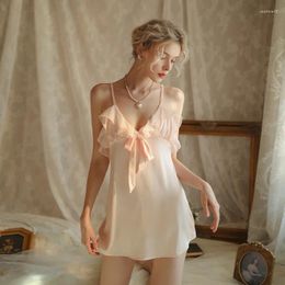 Home Clothing Sexy Nightgown Women Deep V Halter Nightdress Ruffled Lace Bralette One Size Lingerie Ladies Dress Bow Backless Pyjamas