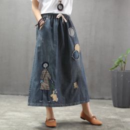 Ethnic Style Retro Print Little Girl Rabbit Denim Skirt Female Patch Elastic Waist Skirt