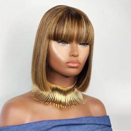 180D Short Cut P4/30 Highlight Straight Human Hair Wigs With Bangs Blonde Bob Bangs Wigs Brazilian Straight Full Machine Wigs