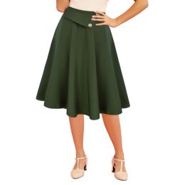 ベルポケ女性ヴィンテージスウィングスカートエラスティックウエストボタン装飾フレアAラインスカート膝の長さシンプルなレトロソリッドスカート