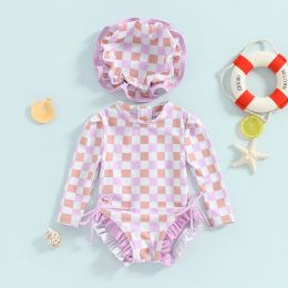 2024 Summer Toddler Kids Baby Girls Swimwear Swimsuits Floral/Ice Cream Print Long Sleeve Ruffles Bodysuits Cap Bathing Suits
