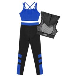 Girls Hip Hop Jazz Street Dance Stage Performance Clothes Set Camisole with Mesh Hooded Crop Vest Leggings for Sports Fitness