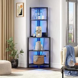 Kitchen Storage Corner Shelf With Power Outlets LED Lights And Glass Holder Bookshelf Bookcase Display Shelves Rack For Living Room
