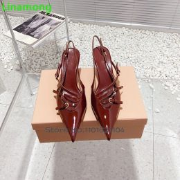 Wine Red Pointed Toe Luxury Pumps For Female Women 2023 New Patent Leather Thin High Heel Buckle Strap Slingback Elegant Shoes