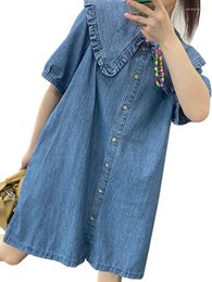 Party Dresses 2024 Autumn Korean Fashion Women Denim Dress Sweet Cute Baby Collar Loose Casual Solid Short Sleeve