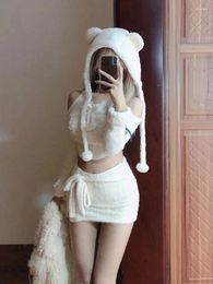 Work Dresses 2024 Winter Kawaii Fashion 3 Piece Set Japanese Style Warm Suit Woman Casual Blouse Y2k Mini Skirt Cute Hat Solid Clothing