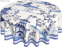 Table Cloth Blue Chinoiserie Temple Tablecloth Round Oriental Style Chinese Blue Willow Table Cloth Cover Mat Washable Polyester 60 Inch Y240401