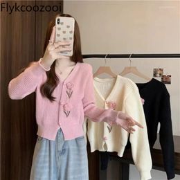 Women's Knits Cardigan Autumn/Winter Sweet Gentle V-Neck Pink 3D Flower Decoration Single Breasted Short Knitted Coats Ladies Clothing