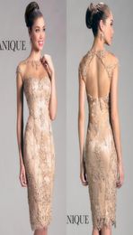 Elegant Cocktail Dresses For Women Sheath Crew Sheer Cap Sleeves Lace Beading Hollow Back Knee Length Gold Mother Party Dress9985757