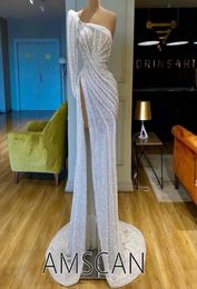 Glitter White Sequins Mermaid Evening Dresses Long Sleeves Elegant One Shoulder Formal Evening Gowns Sexy Side Split Long Party Pr7668850