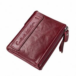 fi Genuine Leather Women Wallet Bi-fold Wallets Red ID Card Holder Coin Purse With Double Zipper Small Women's Purse 2022 B2vV#