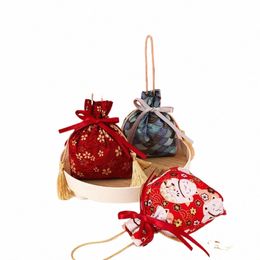 sakura Floral Canvas Fr Drawstring Bag Satin Bow Stripe Ribb Bow Wrist Bag Bucket Bag Korean Style Festive Sugar k862#