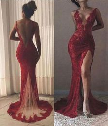 Burgundy Lace Sexy Bare Back Evening Dresses Side Split Deep V Neck Spaghetti Straps Slim Prom Dresses Formal Party Gowns5909232