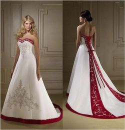 Red And White Satin Embroidery Wedding Dresses vintage retro Strapless A Line Lace Up Court Train country Bridal Gowns vestidos Pl2177005