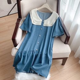 160Kg Plus Size Womens Bust 160 Summer Loose ShortSleeved Doll Neck Denim Pleated Dress Blue 6XL 7XL 8XL 9XL 10XL 240327