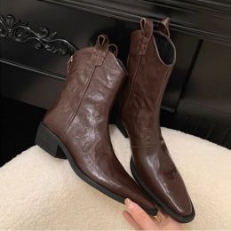 Western Cowboy Boots Women Black Brown Handmade Chelsea Boots for Woman 2024 New Pointed Wedge Heel Boots Female Pleated Botas