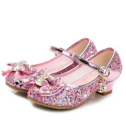 Classic Bow Girl Pu Leather Shoes For Girls Party Dance Children Kids 314 Years Princess High Heels Child Wedding 240321