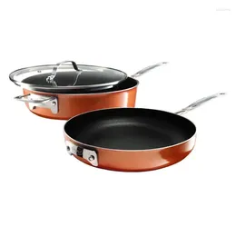 Cookware Sets Andralyn Steel Stackable Non-stick 3 Piece Copper Cast Pots & Pans Set Gold