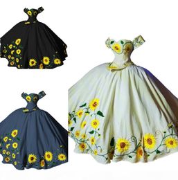 Vintage Sunflowers Embroidered Quinceanera Dresses Charro Mexican Style Off The Shoulder Big Bow Corset Sweet 16 Dress Ball Gown P2799520