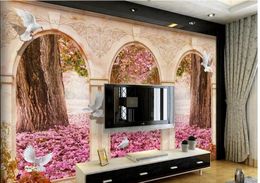 Wallpapers Wallpaper 3d Mural Cherry Blossom Avenue Arches Pigeons Living Room TV Backdrop Bedroom Po