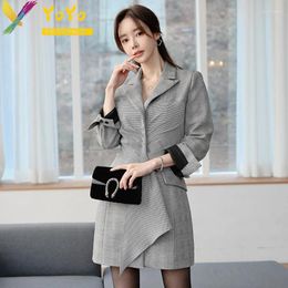 Casual Dresses Fall/Winter 2024 Grey Plaid Ruffle Edge Long Sleeve Pleated Suit Dress Korean Fashion Elegant Slim Bodycon Work Jacket