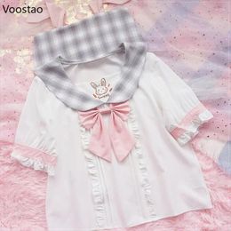 Women's Blouses Preppy Style Kawaii Ears Teen Girls Cute Plaid Sailor Collar Bow JK Shirt Embroidery Women Sweet Loose Tops