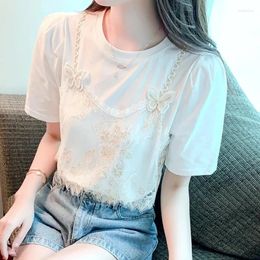 Women's Blouses Fashion Korean Style Summer Short Sleeve Blouse Loose Casual Spliced Butterfly Ladies Top Chiffon Lace Blouse30803