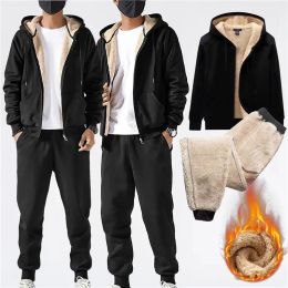 Jodimitty Men's Sets Tracksuit Men Lamb Cashmere Winter Wool Hooded Sweatshirt Thick Warm Sportswear Male Suit Two Piece Sets