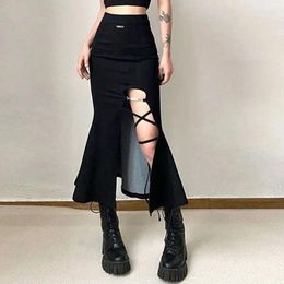 Skirts Gothic Black Sexy Split Midi Y2K Summer Korean Slim Bandage A Line Female High Waist Streetwear All Match