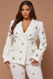 Crystal White Women Suit Pants Set Blazer+Trousers 2 Pieces Formal Single Breasted Wedding Tuxedo Tailored Made Jacket Coat