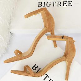 Dress Shoes Stiletto Open-toed Mid-heeled Sandals For Women Summer Suede Sexy Heels