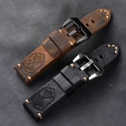 Brown Black Handmade Cowhide Watchband 20 22 24 26MM Men Fitted PAM111 441 Genuine Leather Bracelet, Vintage Military Watch
