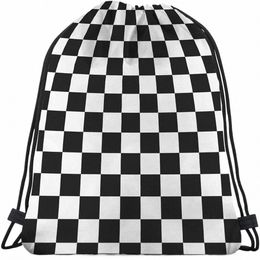 checkerboard Drawstring Bags Backpack Bag Geometric Checkered Plaid Pattern Black White Car Racing Sports Ch Board Sport Gym e66q#