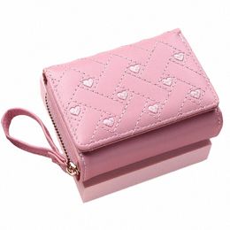 cute Women's Wallet for PU Leather Fi Embroidered Love Heart Tri-fold Small Wallet Card Holder Multi-card Slot Coin Purses C8Vt#