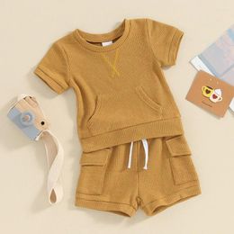 Clothing Sets Toddler Boy Summer Shorts Outfit Solid Color Short Sleeve Pocket T-Shirt With Elastic Waist 2 Pcs Waffle Set