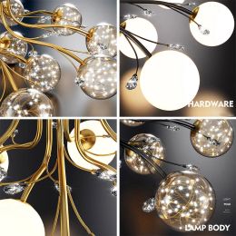 SANDYHA LED Ceiling Chandeliers Clear Star Milk White Glass Ball Lamp with Crystal Living Dining Room Decor Pendant Lightings