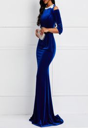 Vintage Royal Blue Velvet Formal Evening Dresses Mermaid Crew Neck Arabic African Plus Size Prom Dress Party Long Special Occasion5950416