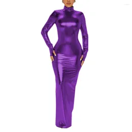 Casual Dresses Sexy Women Vinyl Metallic Dress Long Sleeve Turtleneck Solid Shiny Maxi Pencil Female Backless Bodycon Slim 7XL