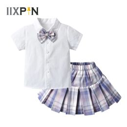 2Pcs Kids Girls Japanese Style Plaid Skirt Outfits Short Sleeve Bowknot Shirt Tops Pleated Mini Childrens School Uniforms 240325