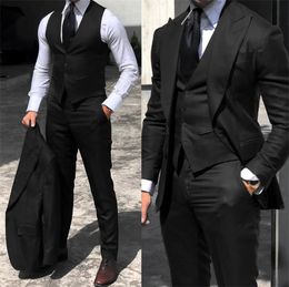 Black 3 Piece Men Suits Lapel Custom Made Wedding Tuxedos Slim Fit Formal Male JacketPantsVest Trajes De Hombre 240326