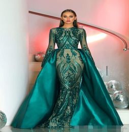 Dark Green Dubai Evening Dresses Sequins Applique Satin Tulle Mermaid Detachable Train Overskirt Long Sleeves Prom Ball Gown Forma6629986