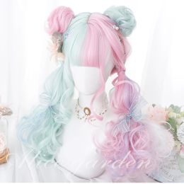 Wigs HOUYAN Long wave curly hair synthetic wig female bangs cosplay Lolita pink blue two Colour wig high temperature resistance