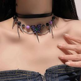 Party Supplies Harajuku Gothic Chocker PU Rivert Chain Beaded Butterfly Pendant Y2K Punk Necklace Bracelet AFC2620