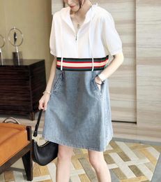 Party Dresses Hooded Stitching Short-sleeved Denim Dress Women's 2024 Summer Korean Style Loose Fashion Casual Straight Midi