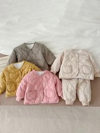 Clothing Sets 2024 Winter Baby Set 0-3Years Born Boy Girl Solid Colour Long Sleeve Down Coat Cardigan Tops Pant 2PCS Warm Outerwear