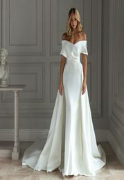2021 Satin Mermaid Wedding Dress With Detachable Train Off Shoulder Floor Length Bride Dresses Vestido De Noiva2285212