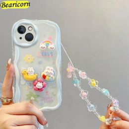 Curly Wave Edge Cream Rabbit Phone Case For Samsung Galaxy S20 S21 FE S22 S23 Plus Ultra 5G INS Flowers Wrist Strap Cover